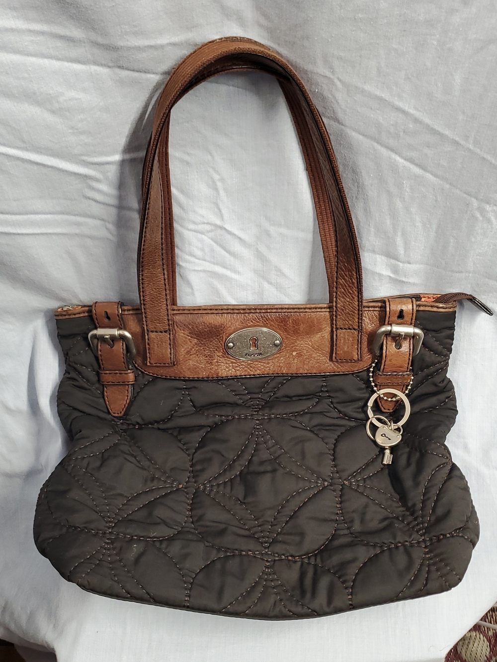 Fossil Quilted Brown Tote Bag with Leather Trim